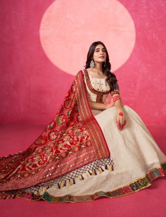 Cream cotton lehenga choli with zari and mirror