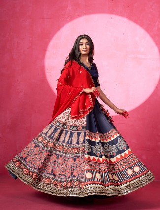 Navy printed cotton silk lehenga choli for navratri