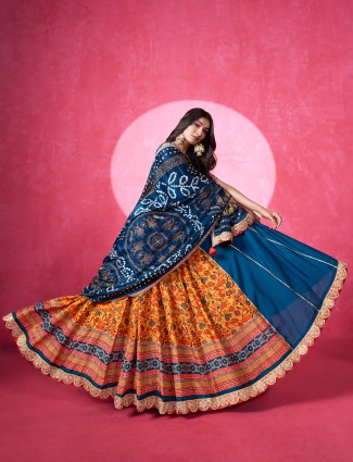 Navy printed silk lehenga choli with sequins and beads