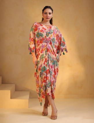 Beige indowestern printed silk kurti for women