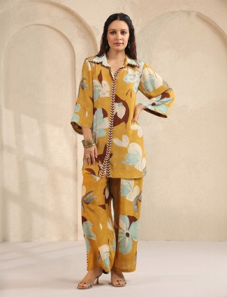 Khakhi silk printed co ord set with sequins and beads