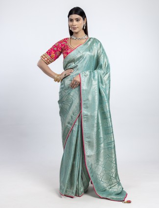 Mint blue dola silk saree for festive wear