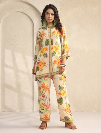 Off white silk printed co ord set with stand collar