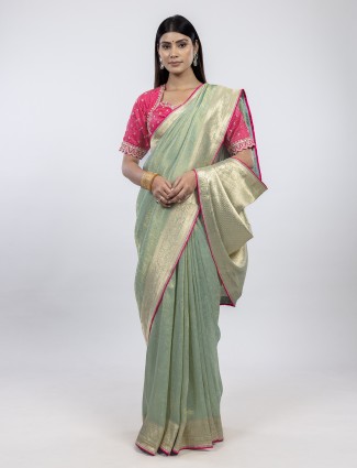 Pista sreen shimmer tissue saree with readymade blouse