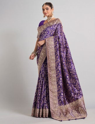 Purple banarasi silk saree with thread and zari work