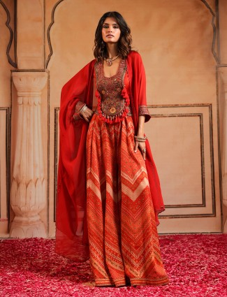 Trendy red printed palazzo suit with shrug