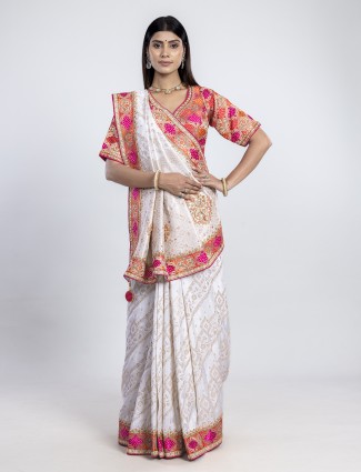 Moonlit white dola silk saree with readymade blouse
