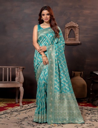 Aqua blue dola silk cutdana saree