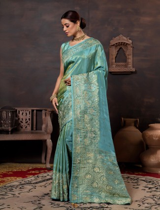 Soft aqua dola silk wedding saree