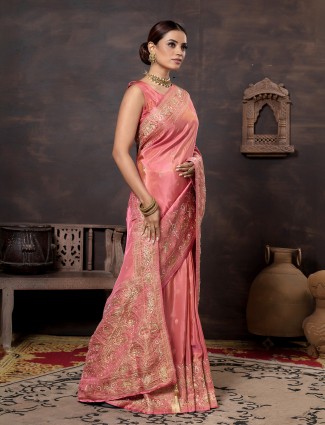 Dark peach cutdana dola silk saree
