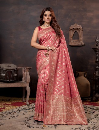 Elegant dark peach dola silk saree