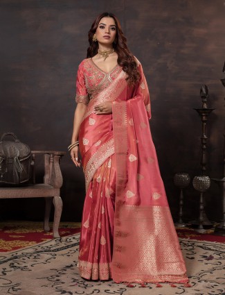 Royal dark peach dola silk saree