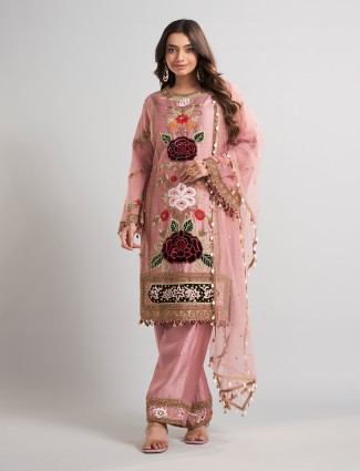 Onion pink pakistani silk suit for festive wear