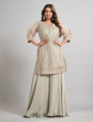 Pista green tissue silk palazzo suit with designer work Pista green tissue silk palazzo suit with designer work