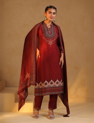 Brown printed silk festive salwar suit
