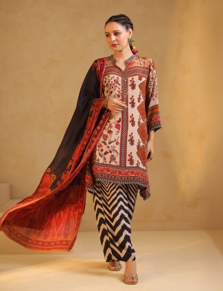 Cream black printed silk salwar suit