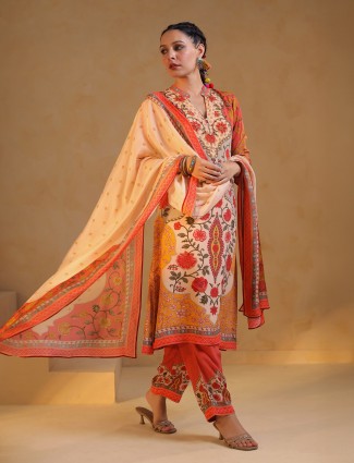 Off white orange printed silk suit for women