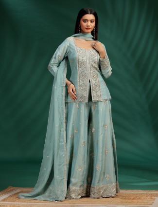 Pastel sky blue silk palazzo suit for wedding