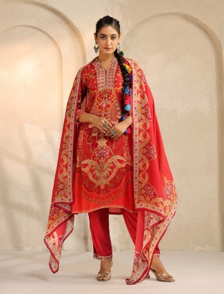 Red printed silk salwar suit