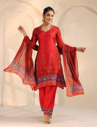 Red silk festive printed salwar suit