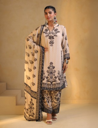White printed silk palazzo salwar suit
