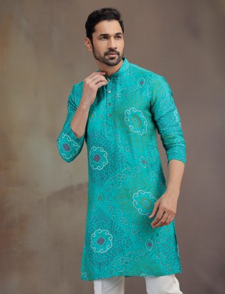 Aqua printed silk kurta pajama for celebrations