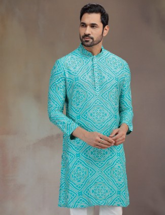 Blue silk kurta suit with boondi print