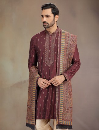 Brown wedding cotton silk kurta pajama set