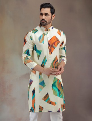 Cream men silk kurta suit with print