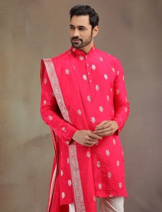 Hot pink silk kurta pajama with dupatta