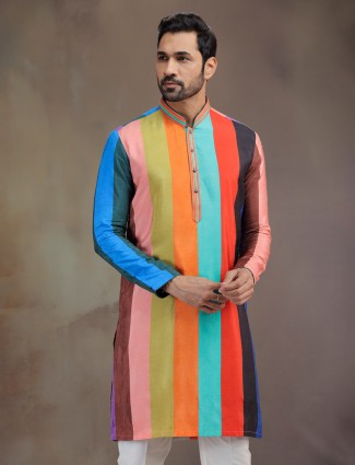 Multicolor silk printed kurta pajama for men