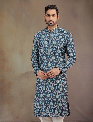 Navy printed silk men kurta suit for festive wear