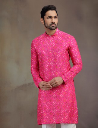 Pink printed silk kurta pajama for festival wear