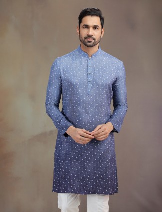 Purple silk printed kurta suit for men