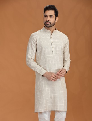 Beige linen checks kurta set for men