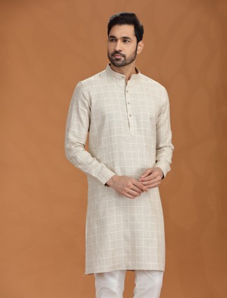 Beige checked linen kurta with mandarin collar