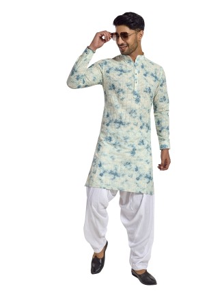 Cream cotton silk embroidered kurta with chinese collar