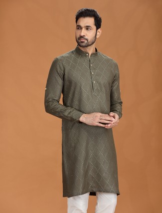Dark olive embroidered linen festive kurta for men