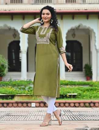 Green cotton silk casual round neck kurti