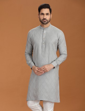Grey embroidered linen kurta with structured mandarin collar