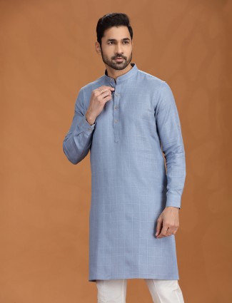 Light blue checked linen kurta for festive occasions