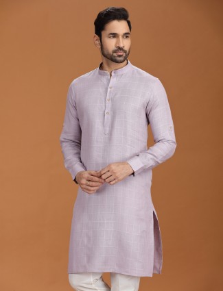 Lilac purple linen kurta set in checks