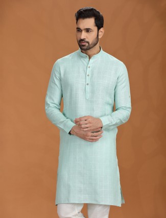 Lime green linen checks kurta set for festive