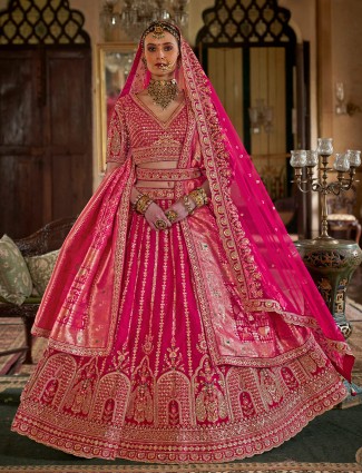 Magenta silk bridal lehenga with sequins work