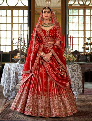 Maroon silk bridal lehenga with beads detailing