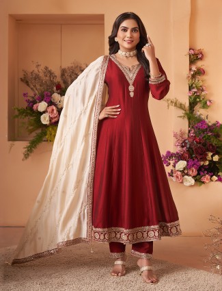 Maroon silk resham work pant suit