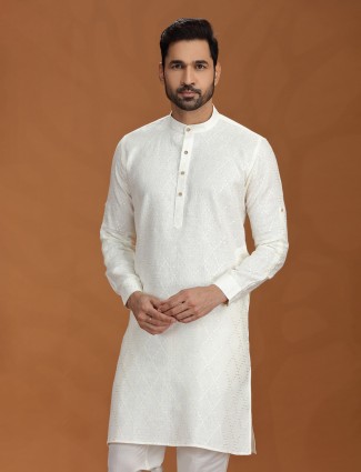 Off white embroidered linen kurta with elegant collar