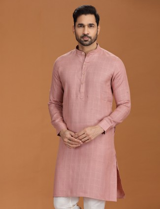 Onion pink checked linen kurta with tailored collar