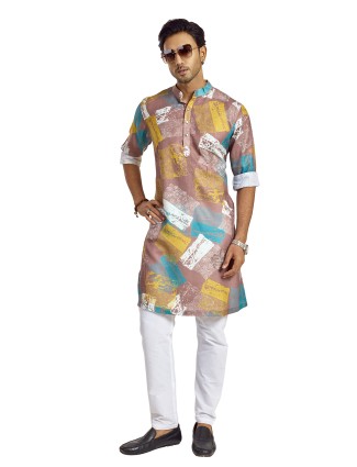 Onion pink silk printed festive kurta for men