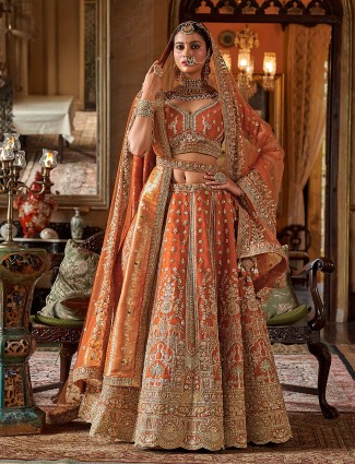 Peach silk bridal lehenga with two dupattas